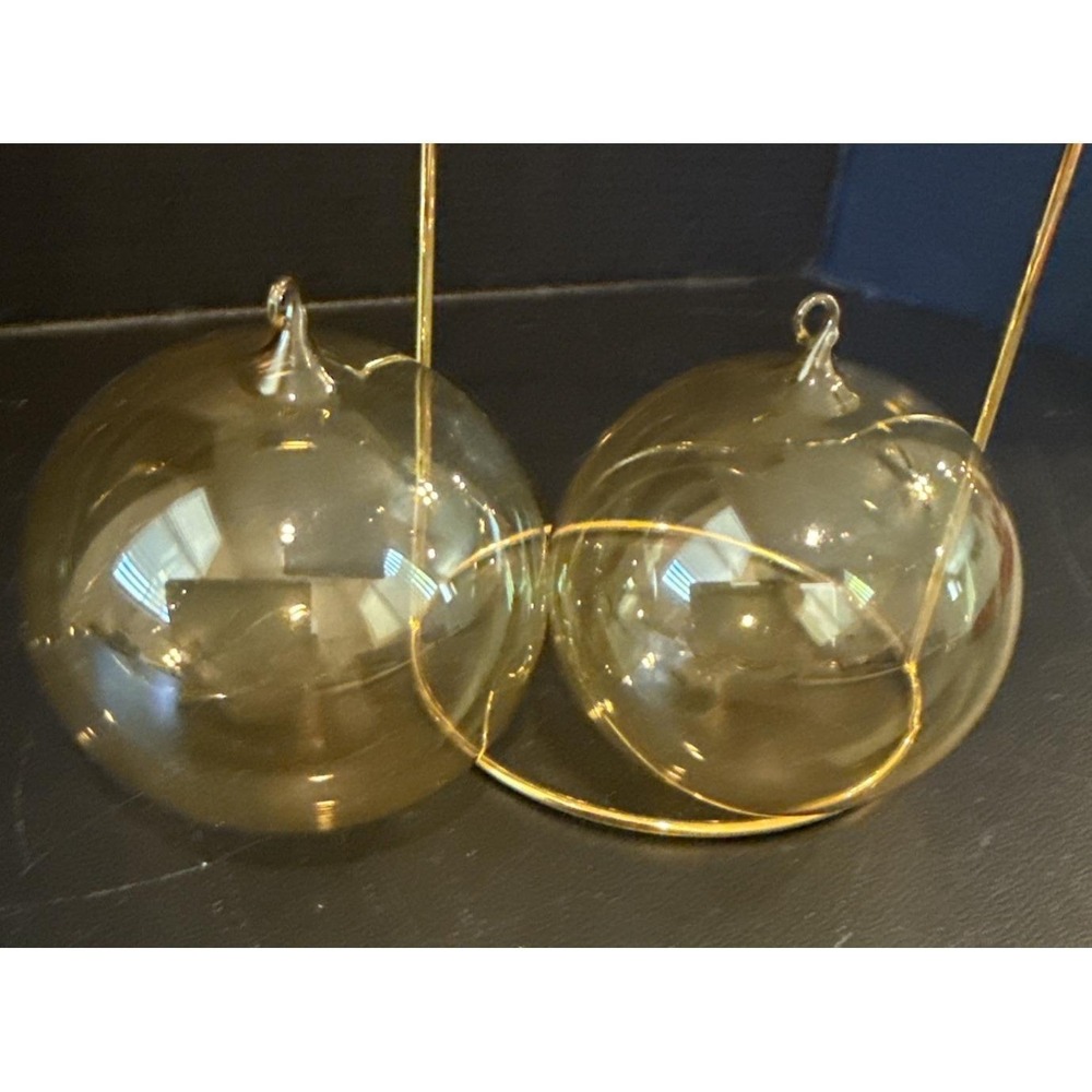 Hand Blown Amber Gold Iridescent Art Glass Round Ball Christmas Tree Ornaments 2